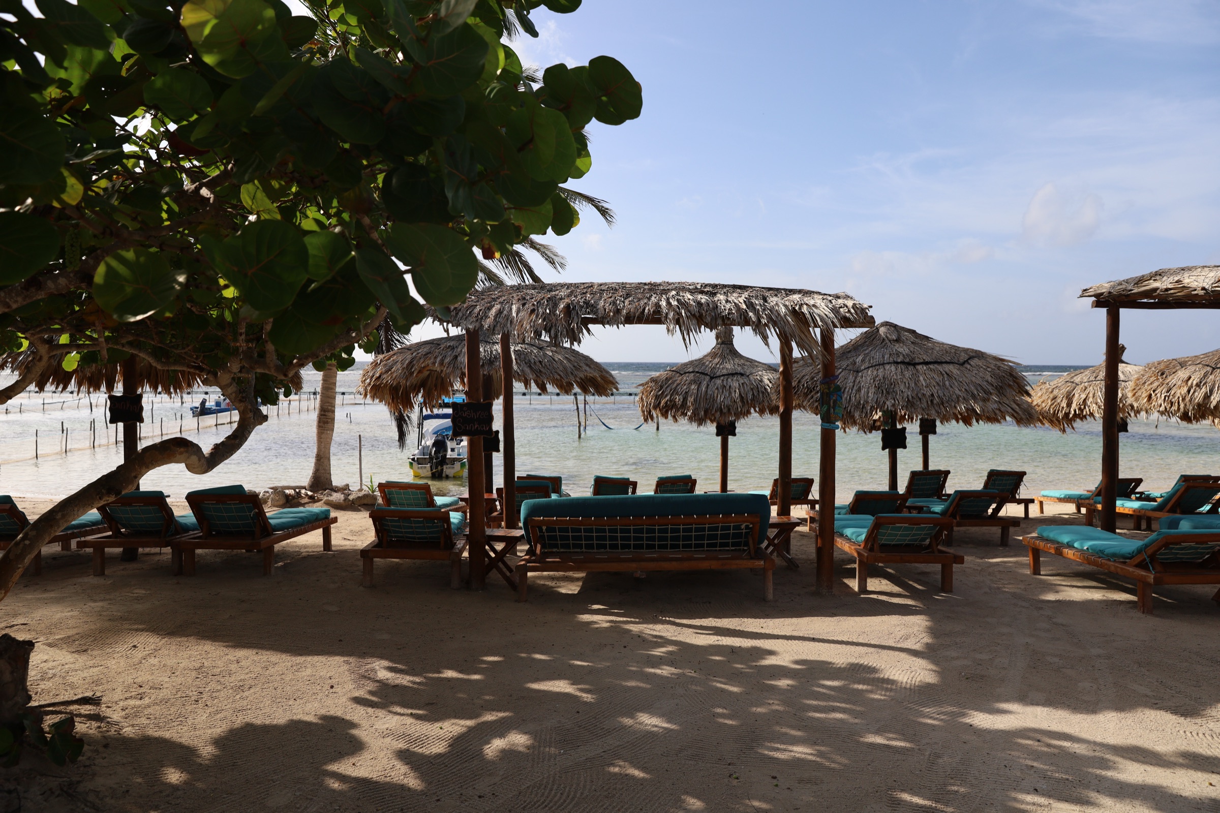 Palapas and loungers on the sand at Nacional Beach Club