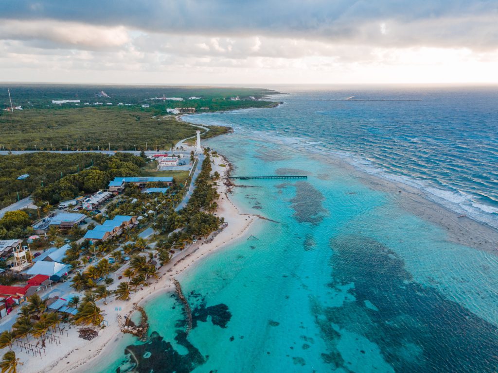 Aerial view of Mahahual, the Malecon and the reef