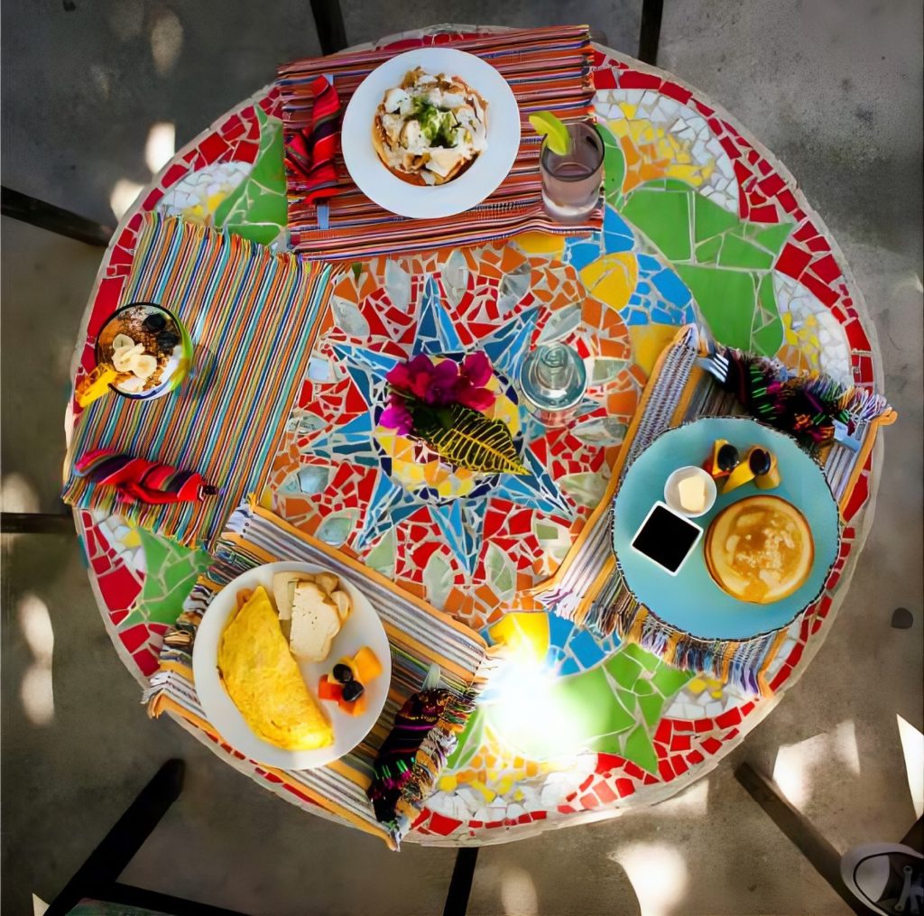 Breakfast on a mosaic table