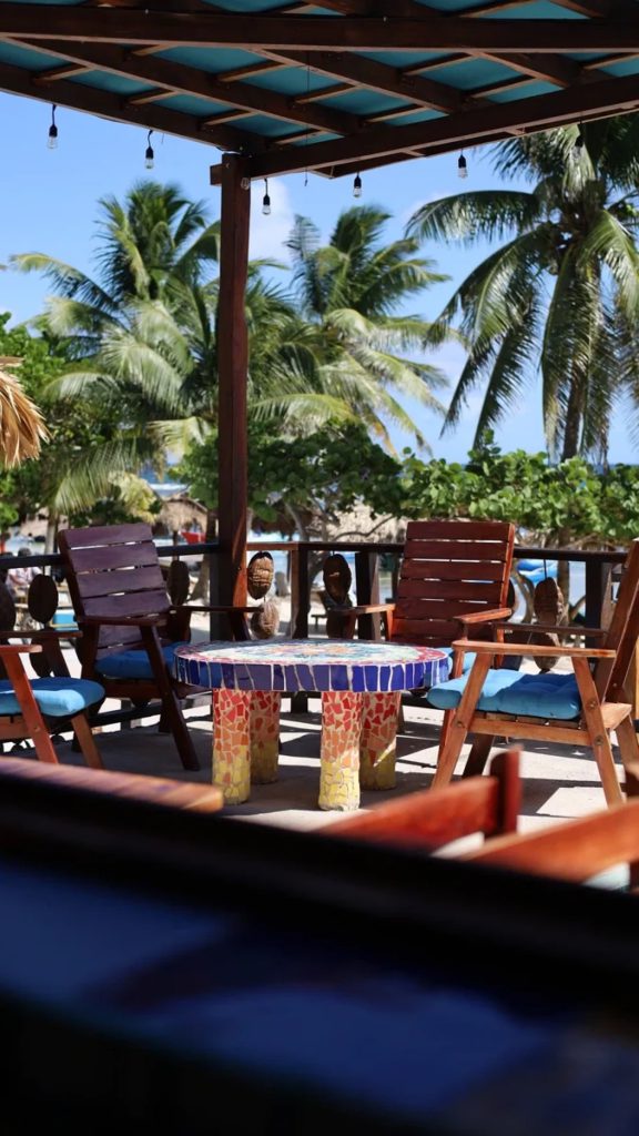 A table set under the palapa with the sea behind